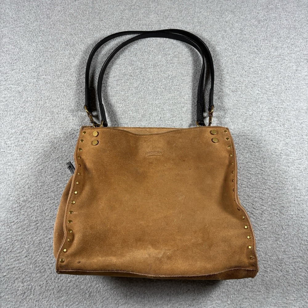 American Leather Co Lenox Suede Studded Shoulder Bag Tan Brown Triple Entry Tote